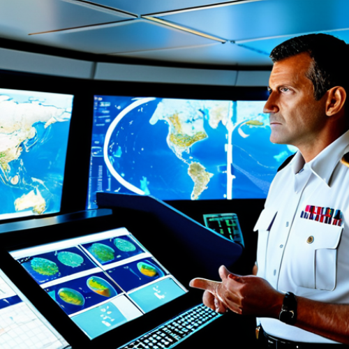 Home 18 A highly professional French Navy officer, dressed in a modest and appropriate naval uniform, stands on the bridge of a futuristic marine research vessel. The officer is observing large holographic screens displaying satellite imagery of ocean currents and data visualizations of marine ecosystems, indicating advanced environmental monitoring. The scene is well-lit, highlighting the sophisticated technology and the officer's focused expression. The image should feature perfect anatomy, correct proportions, and a natural pose, with well-formed hands and proper finger count. This is a safe for work, appropriate content, fully clothed, professional and family-friendly image, captured with high-quality, realistic photography.