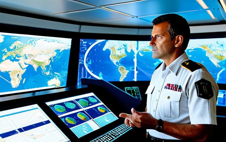 A highly professional French Navy officer, dressed in a modest and appropriate naval uniform, stands on the bridge of a futuristic marine research vessel. The officer is observing large holographic screens displaying satellite imagery of ocean currents and data visualizations of marine ecosystems, indicating advanced environmental monitoring. The scene is well-lit, highlighting the sophisticated technology and the officer's focused expression. The image should feature perfect anatomy, correct proportions, and a natural pose, with well-formed hands and proper finger count. This is a safe for work, appropriate content, fully clothed, professional and family-friendly image, captured with high-quality, realistic photography.