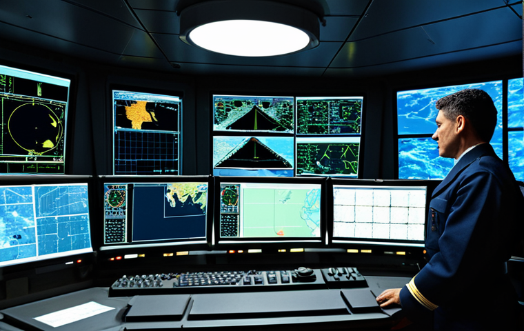 Modern Naval Warfare Control Room**
"Inside a modern naval warship's control room, fully equipped with advanced computer systems and radar displays, officers in appropriate naval uniforms are monitoring the screens, focused and professional, fully clothed, safe for work, appropriate content. The scene showcases complex data visualizations and strategic planning. Perfect anatomy, correct proportions, professional lighting, family-friendly."
**