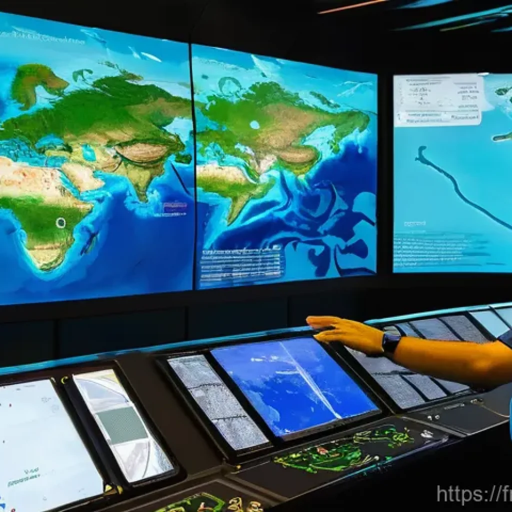 해군의 해양 감시 시스템 - **Prompt:** A state-of-the-art maritime surveillance control center, bathed in the soft glow of mult...