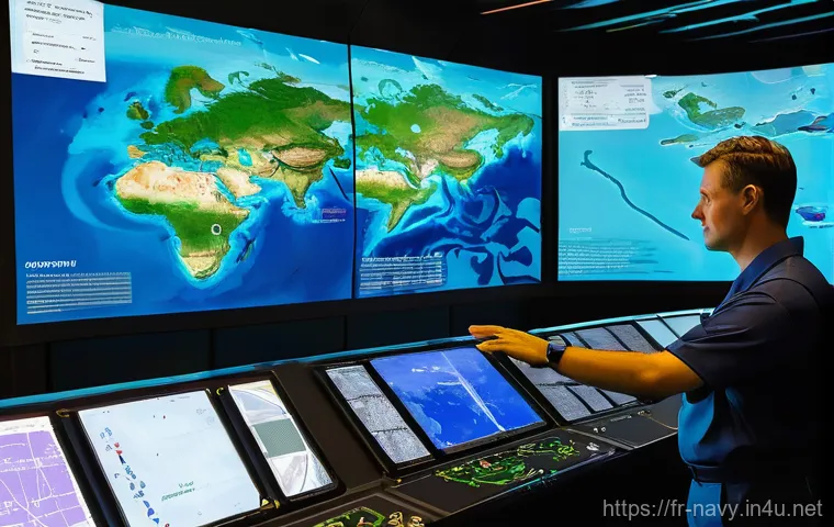 해군의 해양 감시 시스템 - **Prompt:** A state-of-the-art maritime surveillance control center, bathed in the soft glow of mult...