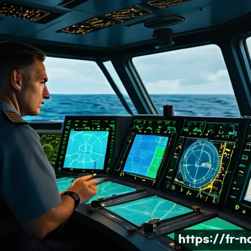 해군 함정 항해 원리 - A detailed scene aboard a modern military warship at sea, showcasing officers on the bridge actively...