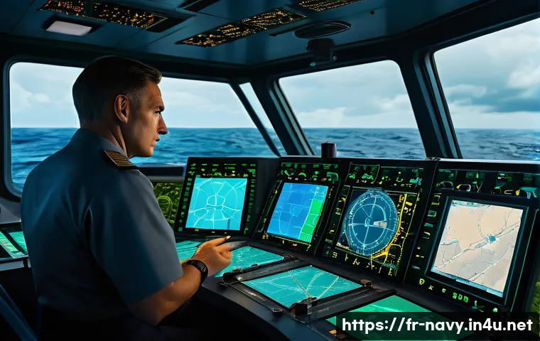 해군 함정 항해 원리 - A detailed scene aboard a modern military warship at sea, showcasing officers on the bridge actively...