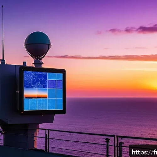 해군의 해양 교통 보호 역할 - A high-tech coastal naval surveillance station at sunset along the French Mediterranean coast, featu...