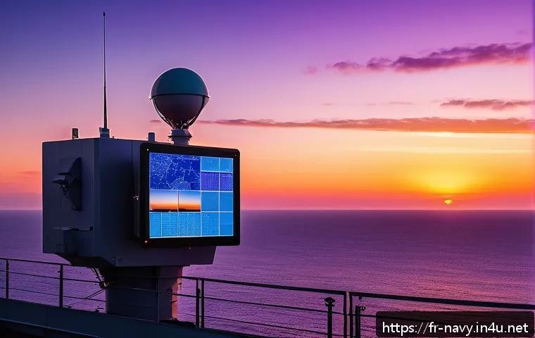 해군의 해양 교통 보호 역할 - A high-tech coastal naval surveillance station at sunset along the French Mediterranean coast, featu...