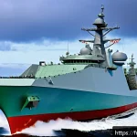해군 무기체계 개발 현황 - A highly detailed futuristic naval warship equipped with state-of-the-art AESA radar systems, featur...