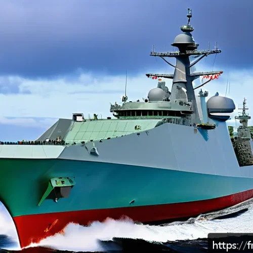 해군 무기체계 개발 현황 - A highly detailed futuristic naval warship equipped with state-of-the-art AESA radar systems, featur...