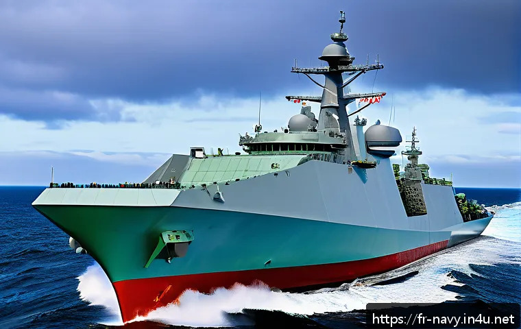 해군 무기체계 개발 현황 - A highly detailed futuristic naval warship equipped with state-of-the-art AESA radar systems, featur...