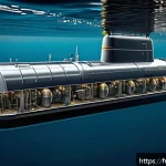 잠수함 작동 원리 - A highly detailed cutaway illustration of a modern military submarine's propulsion system, showcasin...