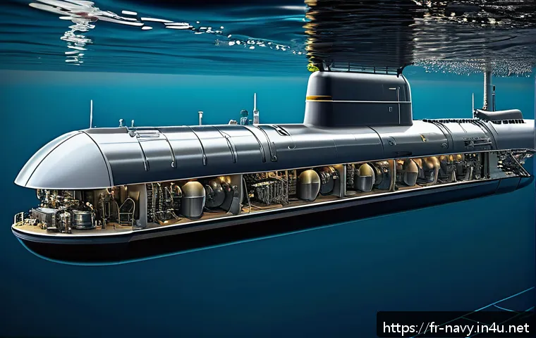 잠수함 작동 원리 - A highly detailed cutaway illustration of a modern military submarine's propulsion system, showcasin...