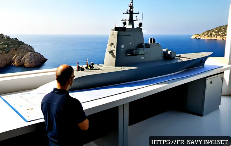 Home 17 해군의 신형 수상함 설계 원리 - Photorealistic French naval design studio, a diverse team of marine engineers reviewing a detailed s...