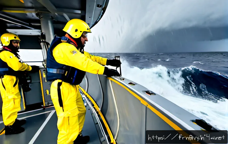 Home 17 해군의 해양 기상 대응법 - Photorealistic French naval weather response scene aboard a modern grey patrol vessel in the North A...