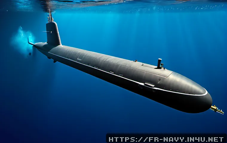 해군 잠수함의 소음 저감 기술 - Photorealistic cutaway view of a modern French naval submarine beneath calm Atlantic waters, focus o...