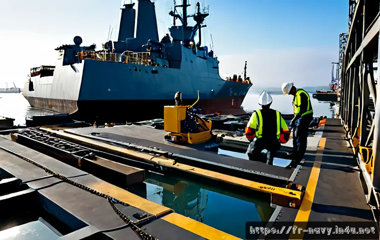 해군의 함정 재활용 및 폐기 - Photorealistic wide-angle scene of a decommissioned French naval frigate being carefully dismantled ...