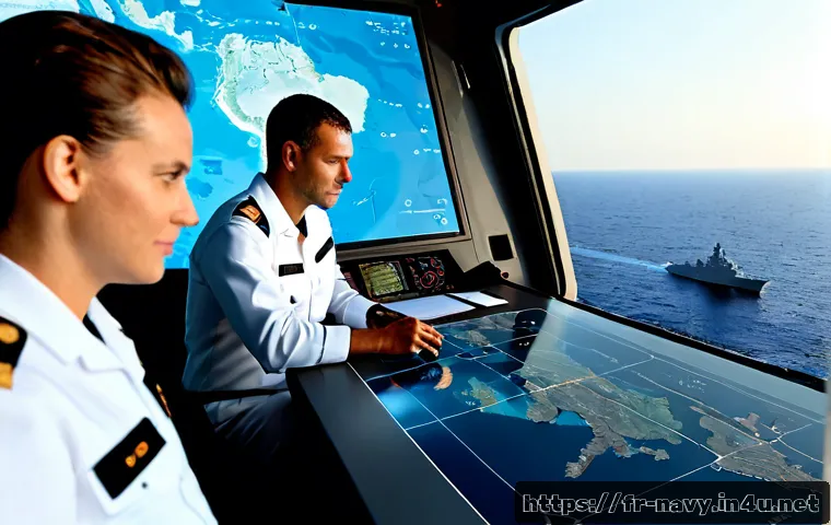 해군의 미래 군사 전략 - Photorealistic future French naval strategy command center aboard a modern frigate, diverse naval of...
